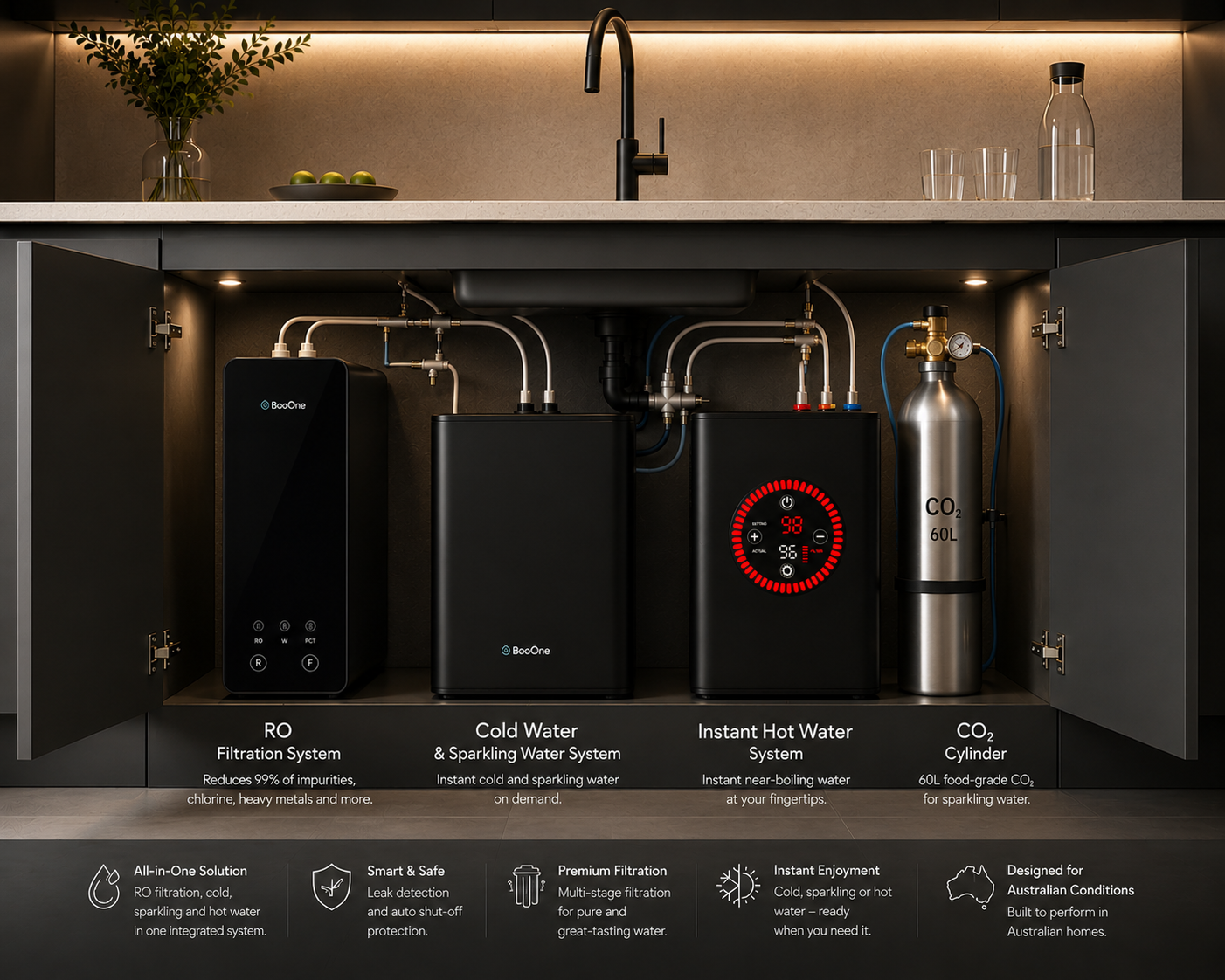 BooOne under-sink installation: RO filtration, chiller & sparkling, instant boiling unit and 60L CO₂ cylinder